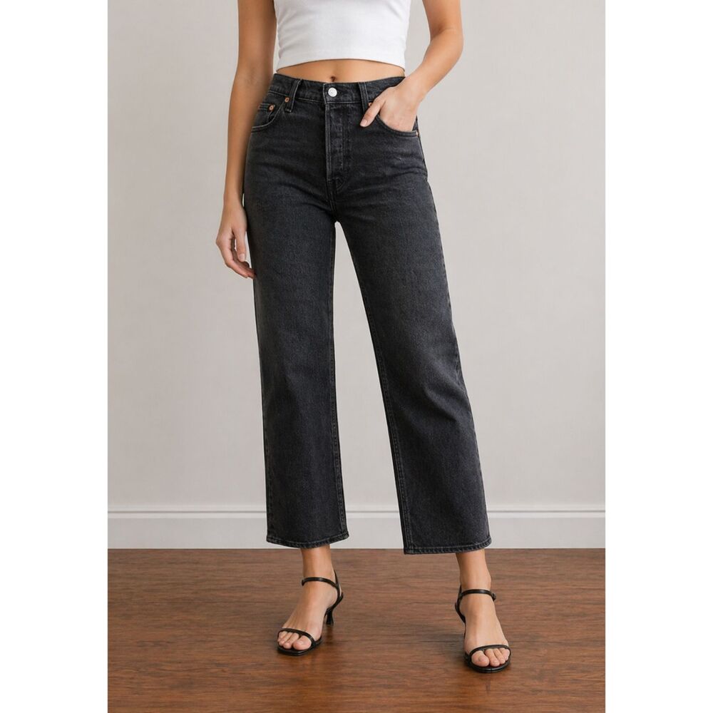 Levi's Premium Ribcage Straight Ankle Button Fly Black Washed 26